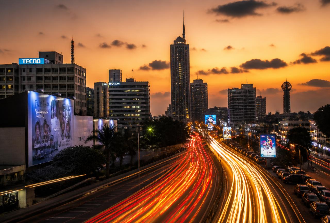 African city skyline at dusk with traffic light trails