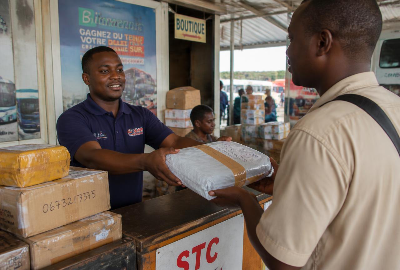 A parcel being handed over at a transport park counter