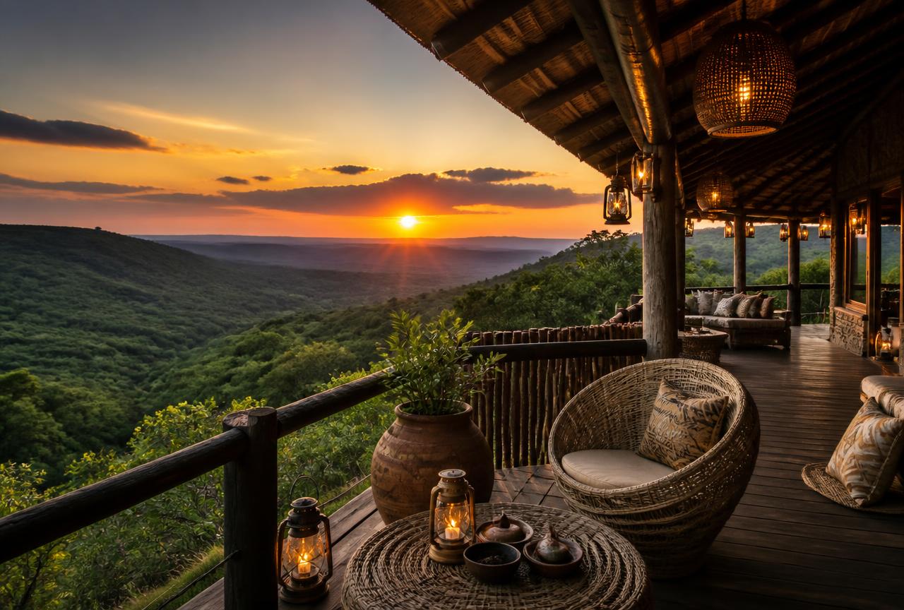 Terrace of an African lodge overlooking green hills at sunset